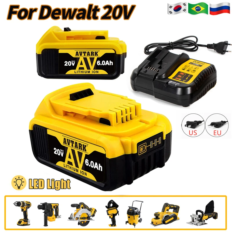 

2023 Upgrade 20V 6.0Ah Rechargeable battery for Dewalt Cordles screwdriver drill Screw gun wrench impact batteries DCB200 DCD790