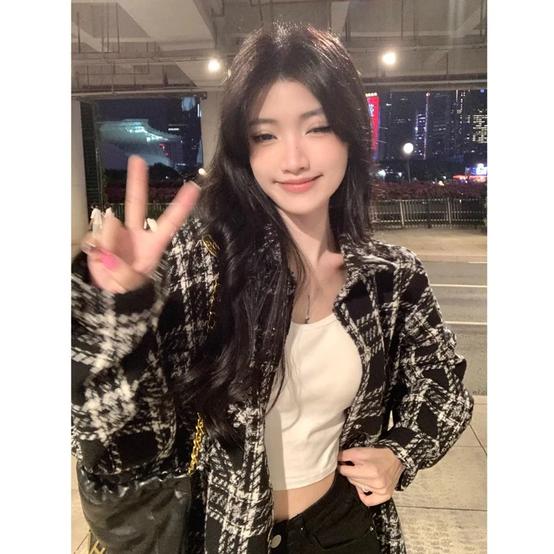 

Korean long Fragrance Jacket Women Autumn New Korean fashion French jacket Women loose tweed temperament top Female