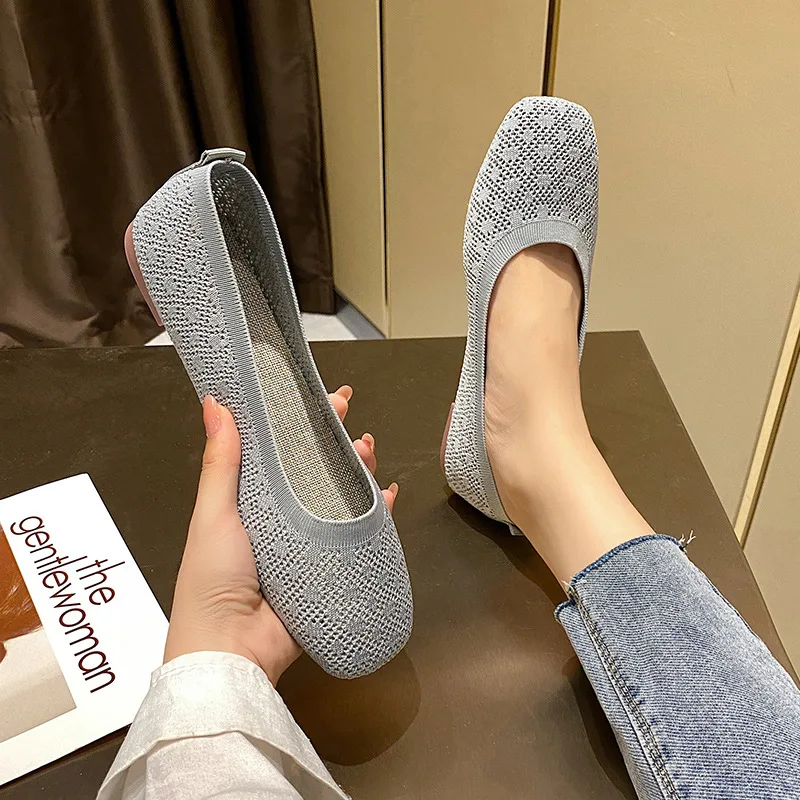 Women Breathable Shoes Square Toe Woven Beanie Shoes Soft Bottom Hollow Shallow Mouth Scoop Shoes Kpop Casual Flat Slip-on Shoes