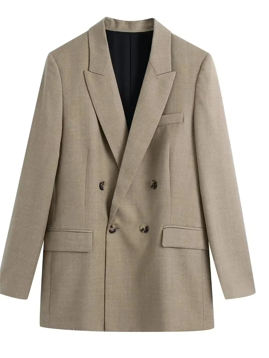 

Women Fashion Khaki Double Breasted Full Sleeves Long Blazer Coat 2022 New Flap Pockets Notched Office Lady Female Outerwear