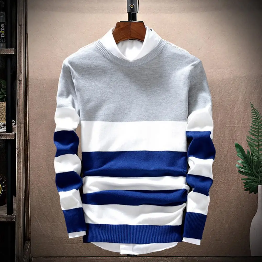 

Classic Men Knitted Sweater Loose Fit Coldproof Warm Fall Winter Striped Print Blouse Sweater Jumper