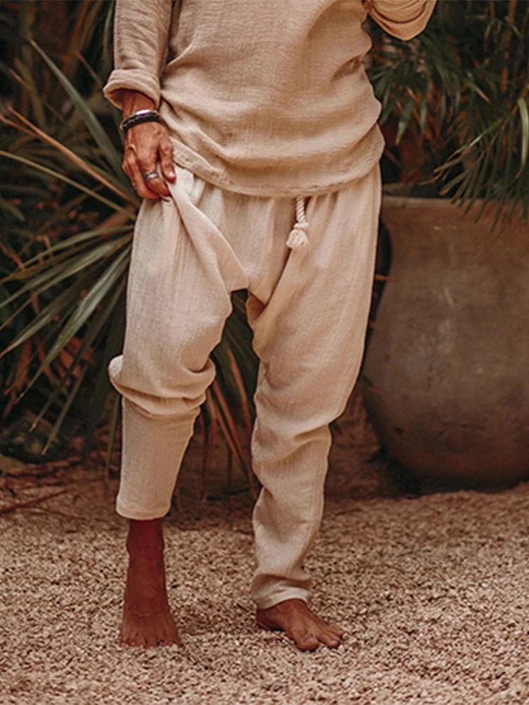 

2022 Summer Men Loose Solid Pants High Waist Solid Spring All Match Breathable Long Trouser Male Streetwear Cotton Linen Pants