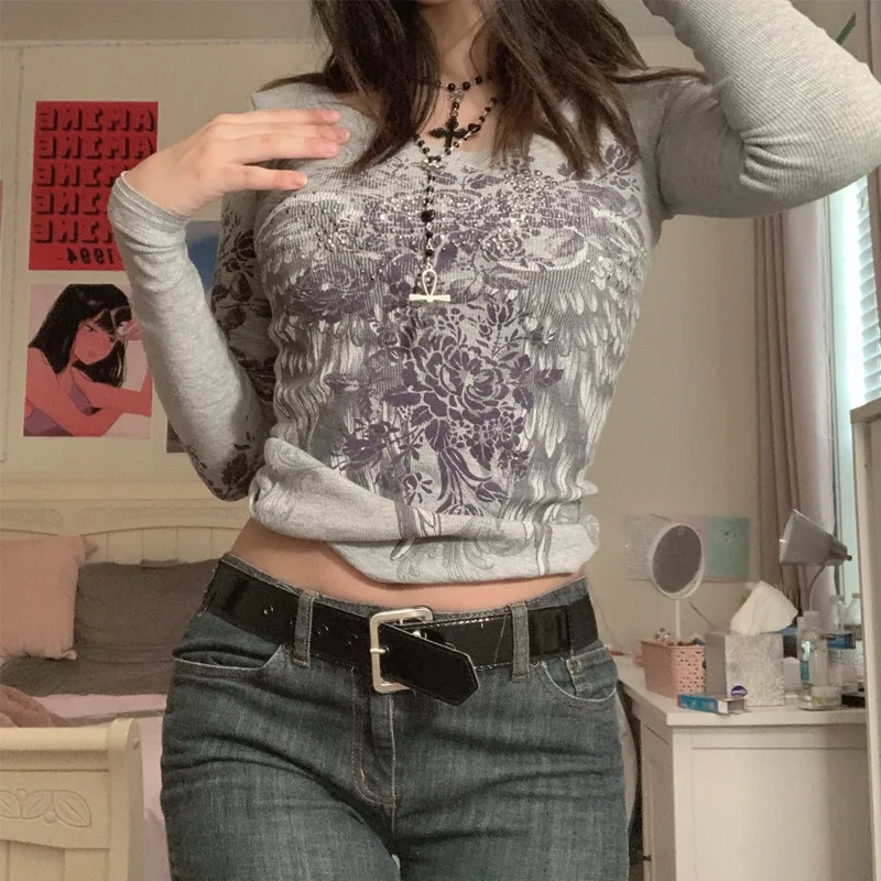 

Female Angel Wings Print Tops Fairy Grunge Graphic T-Shirts Y2K Vintage Aesthetics Clothing Long Sleeve O Neck Crop Tops Women