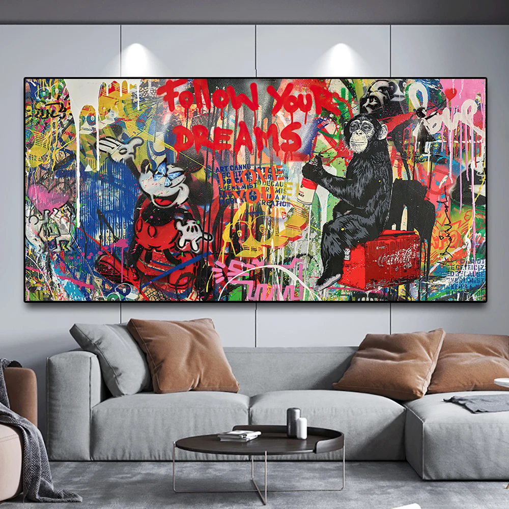 

Follow Your Dreams Monkey Graffiti Art Banksy Canvas Paintings on the Wall Art Posters and Print Cartoon Mouse Street Art Cuadro