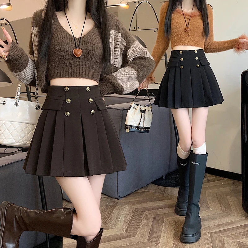 Женская шерстяная плиссированная короткая юбка двубортная мини-юбка с высокой