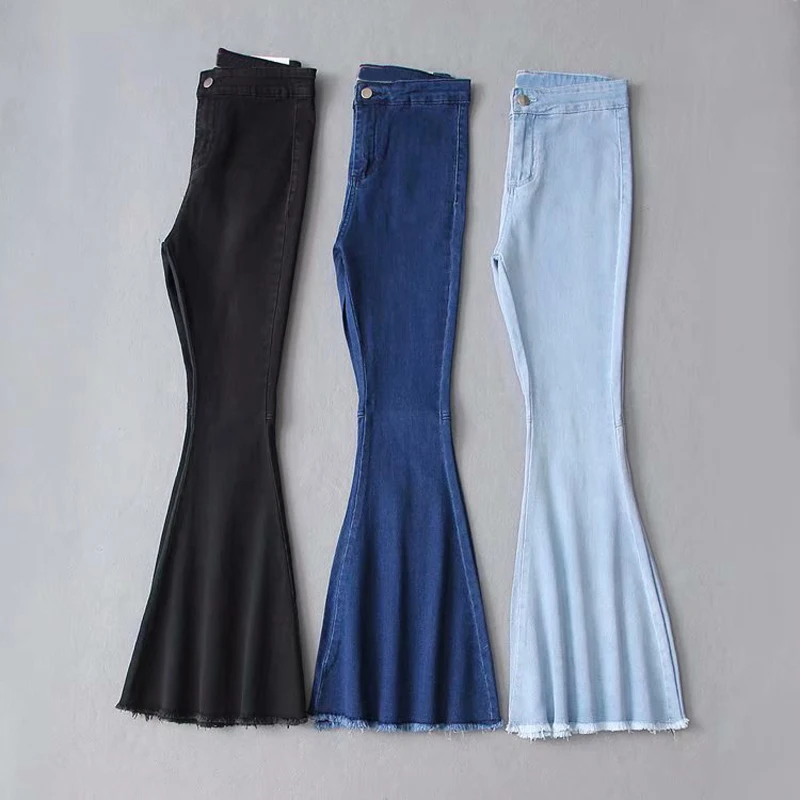 2021 Woman Jean Stretch Flare High Waist Jeans Buttons for Women Denim Pants Large Wide Leg Skinny Pant New Autumn Winter