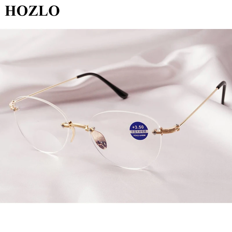 

Очки для чтения женские без оправы, бифокальные увеличительные линзы для дальнозоркости с защитой от сисветильник, + 1 ~ + 4