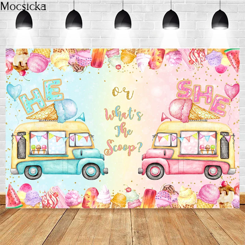 

Gender Reveal Themed Background Photography Ice Cream Cart Decoration Props Boys Girls Baby Shower Studio Photography Props