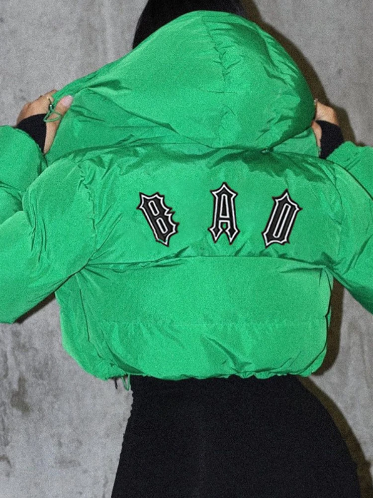 2022 Women Winter Fashion Coats  Hooded Zip-up Letter Print Cotton-padded High Waist Jacket Streetwear Female Thick Warm Parkas
