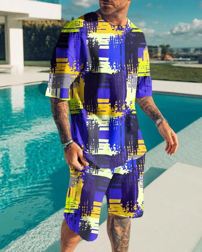 

Summer Men's O-Neck Short Suit Sleeve coatGeometric Pattern Print 3D Sportswear Casual Oversized Top Shorts Breathable Sportswea