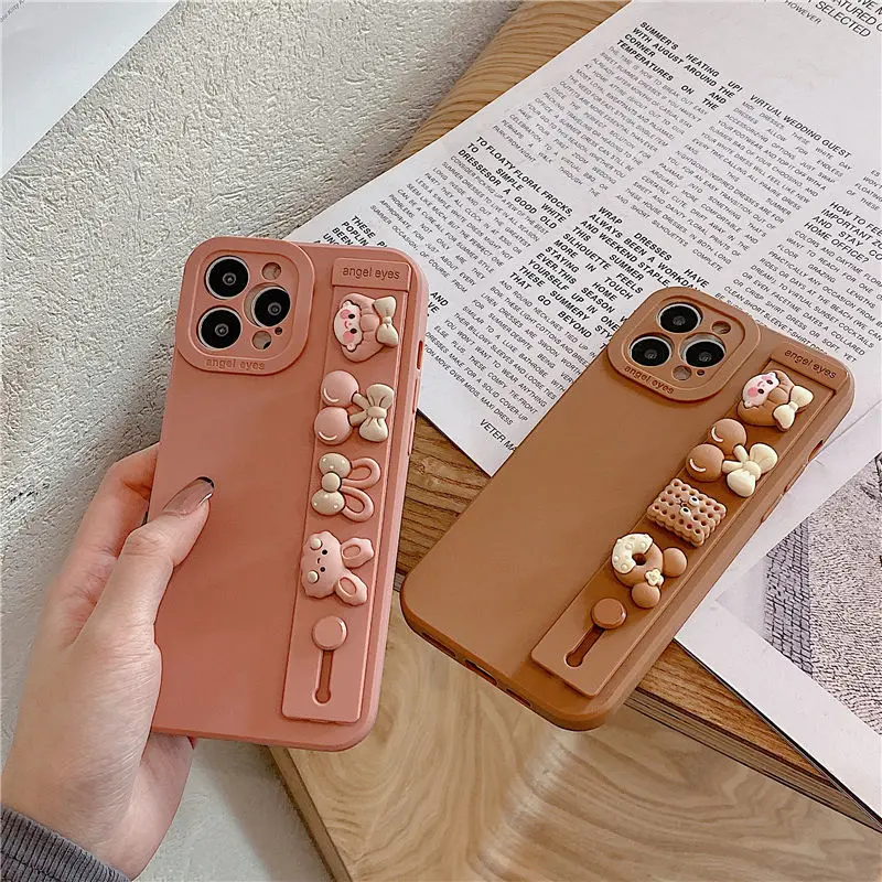 2022.Cartoon Cute Bow for IPhone11 Mobile Phone Case for IPhone13 Anti-drop Protective Shell 13promax Dust-proof Belt Wristband