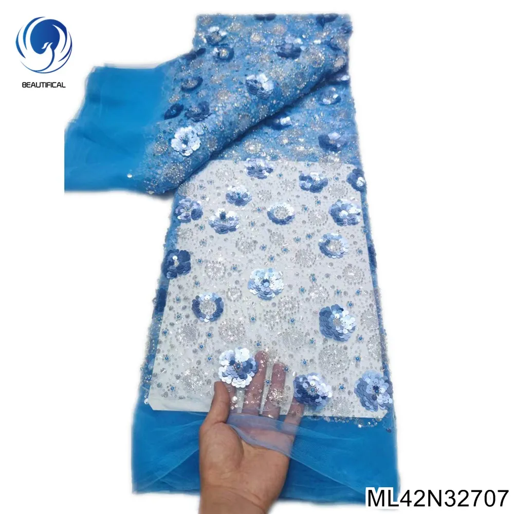 

2022 Blue Latest Nigerian Lace Fabrics Fashion Women African Tull Lace Luxury Handmade Bead sequins Fabrics 5Yards ML42N327