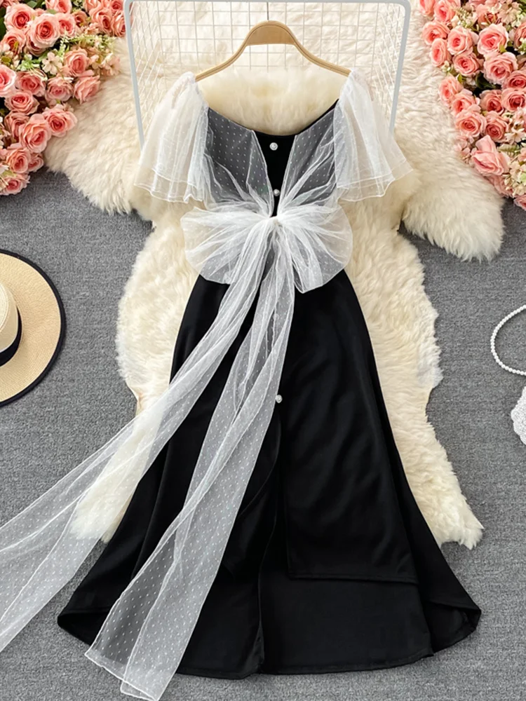 

Модные женские сетчатые платья с квадратным вырезом и бантом в стиле пэчворк, Современное женское платье для выпускного вечера, Новинка лет...