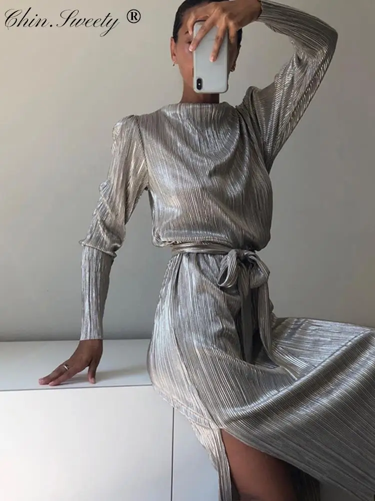 

Women Pleated Elegant Maxi Dress Silver Autumn Party O-neck Long Sleeve Female Slit Dresses 2022 Lady Casual Belt Vacation Robe