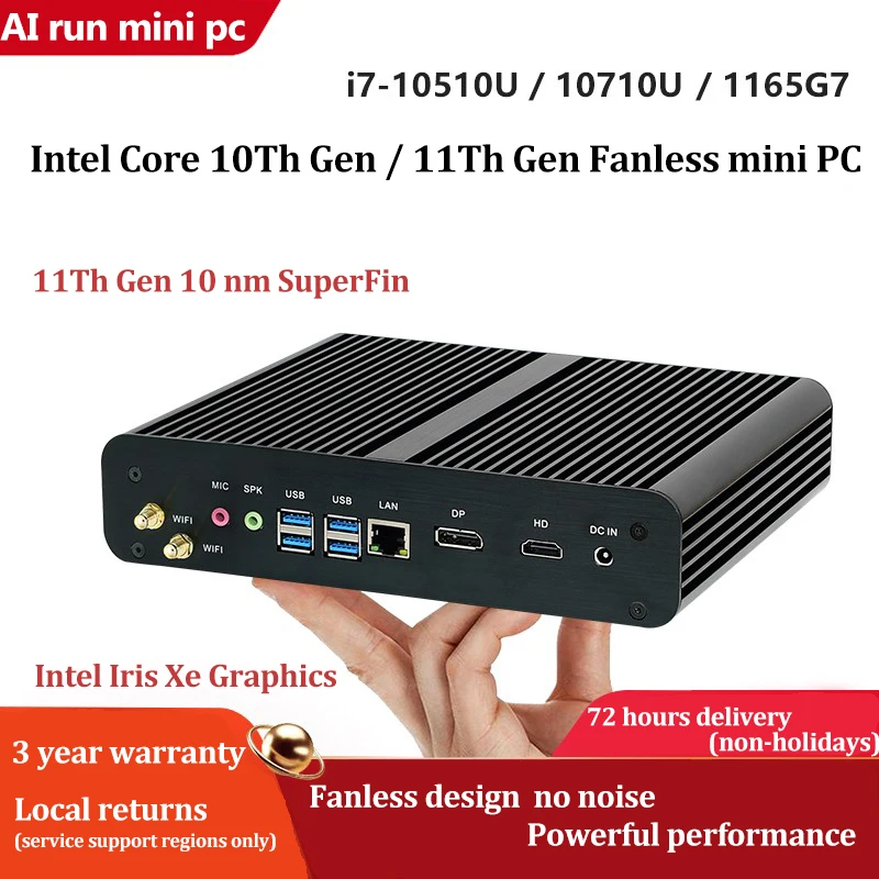 11th Gen Fanless Mini PC Intel Core i7-1165G7 Windows 11 2*DDR4 M.2 NVMe+Msata+2.5''SATA HTPC NAS HDMI DP