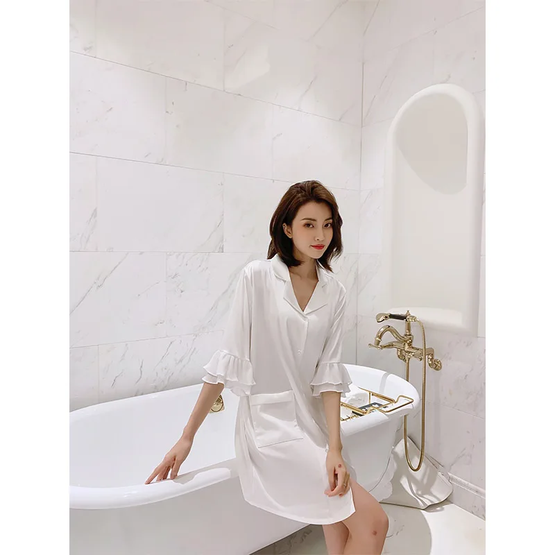 YFTNH Women Nightgown with Belt Sexy Soft Silk Half Sleeve Mini Night Dress Button Down White Long Shirts Fashion Lace Homewear