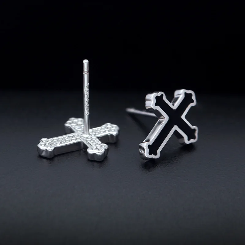

Vintage S925 Sterling Silver Black Gold Cross Ear Studs Hip Hop Hyperbole Women Men Cool Earring Fine Jewelry Holiday Party Gift