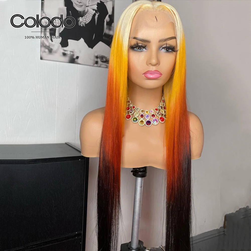

COLODO Ombre Yellow Pre Plucked 13x4 Lace Front Wig Orange Brazilian Remy Human Hair Glueless Wigs Long Straight for Women