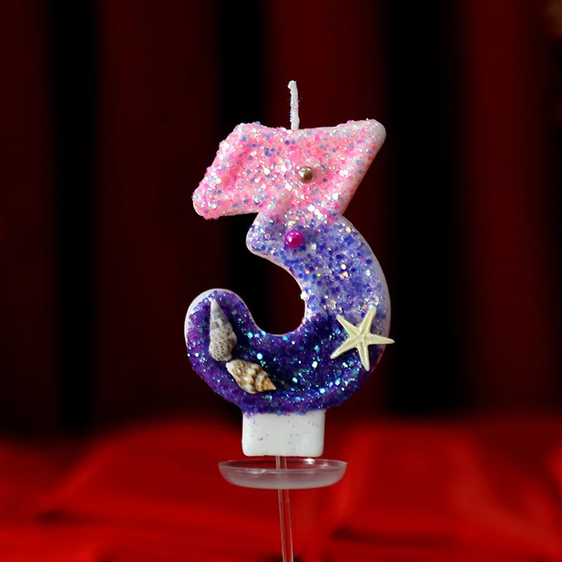 

1PC Dessert Decor Digital Candle Glitter Number Gradient Colour Cake Toppers Starfish Whelks Decorated Birthday Candle