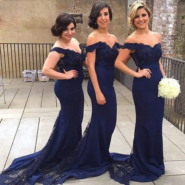 

On Zhu Navy Blue Mermaid Bridesmaid Dresses Lace Appliques Beaded Off Shoulder Wedding Guest robe demoiselle d honneur femme