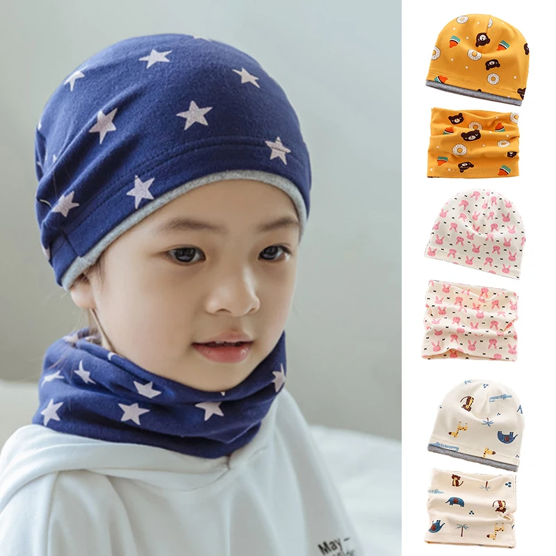 

Children's Winter Cotton Hat and Scarf Set Cartoon Patterns Baby Beanie Warm Accessories Kids Neck Warmer Choker Scarf for 3-10Y