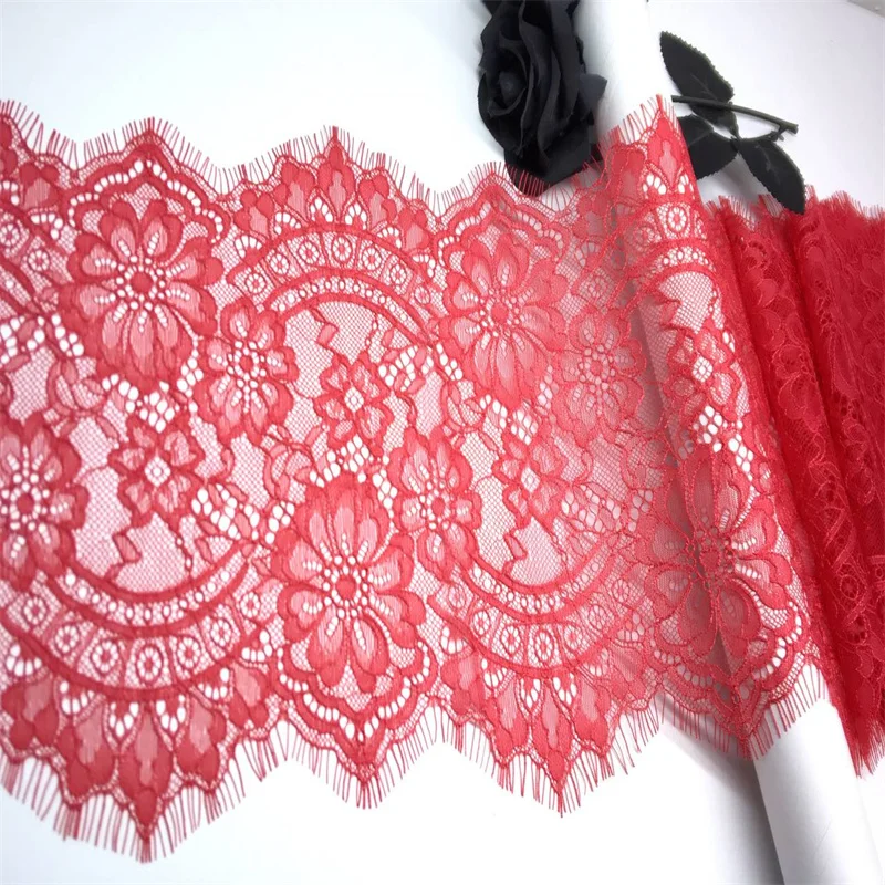 

Red Chantilly Scalloped Lace Trim Handmade Lingerie Sewing Fabrics French Eyelash Lace for Dress Needle Works Crafts Accessories