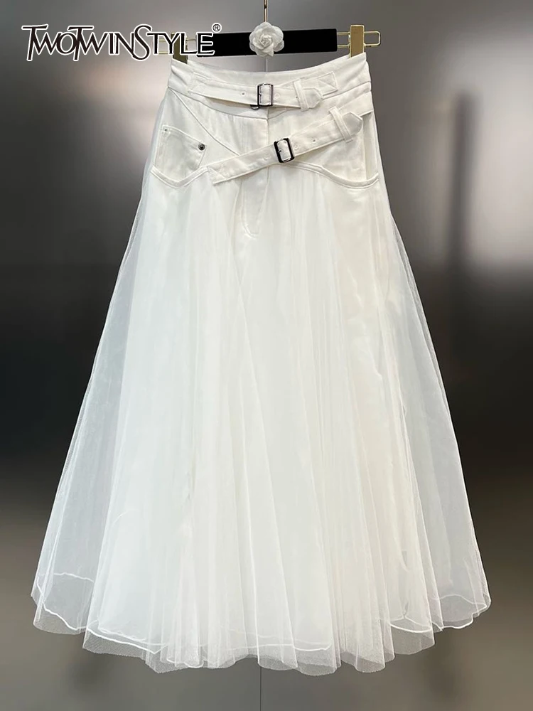 

TWOTWINSTYLE Patchwork Belt Skirts For Women High Waist Spliced Mesh Solid Loose Casual A Line Skirt Female Fashion Clothing New