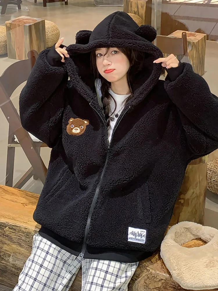 Faux Lamb Wool Coat Female Lamb Cashmere Hooded Sweater Cute Girl Autumn  Winter Clothing Thickened Warm Long Sleeved Clothes