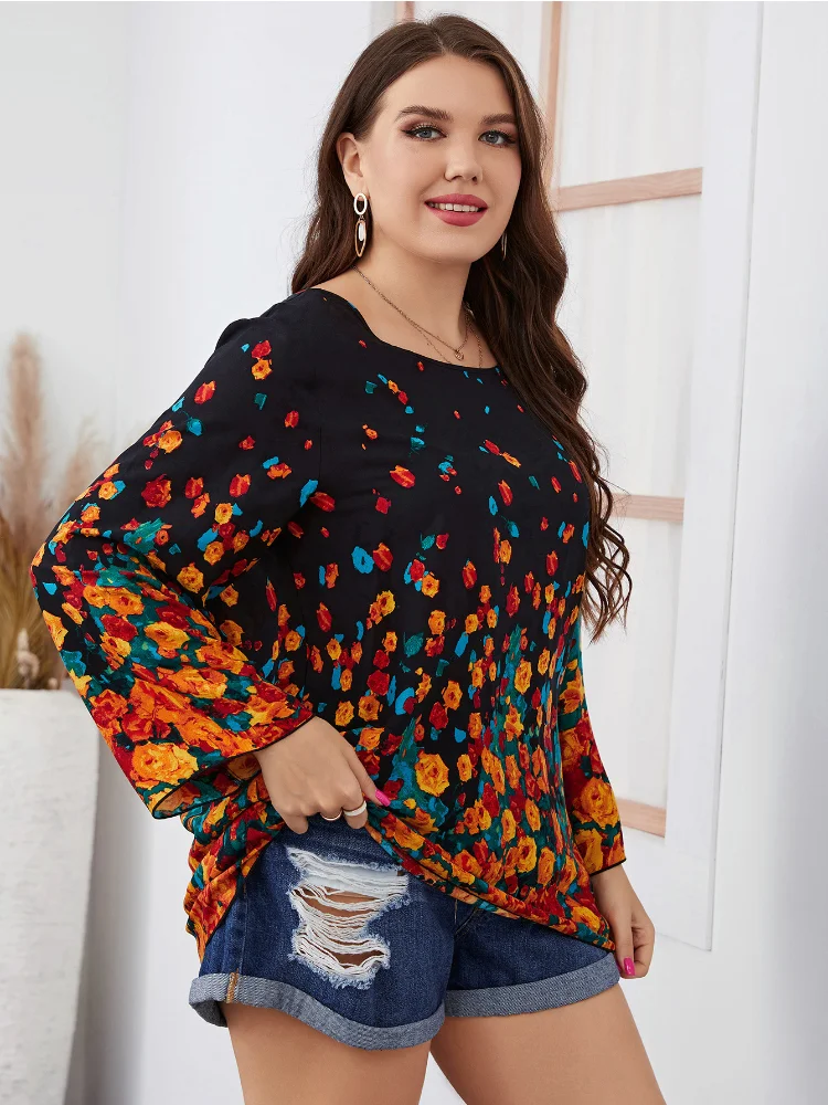 Summer round neck casual fresh sweet plump mm women's printed large long sleeved shirt plus size women clothing
