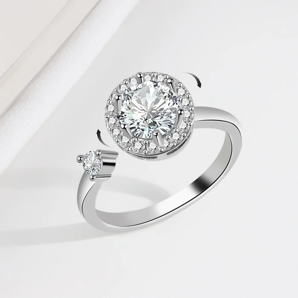 

925 Silver Swivel Split Ring with Zircon Custom Name Anxiety Stress Release Swivel Ring Meditation Anti-Anxiety Ring for Woman
