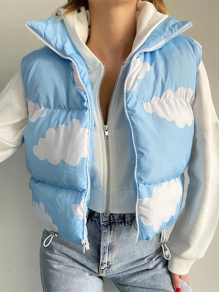 

Женская утепленная куртка с принтом в виде облаков, короткая куртка с воротником-стойкой, Осень-зима 2022