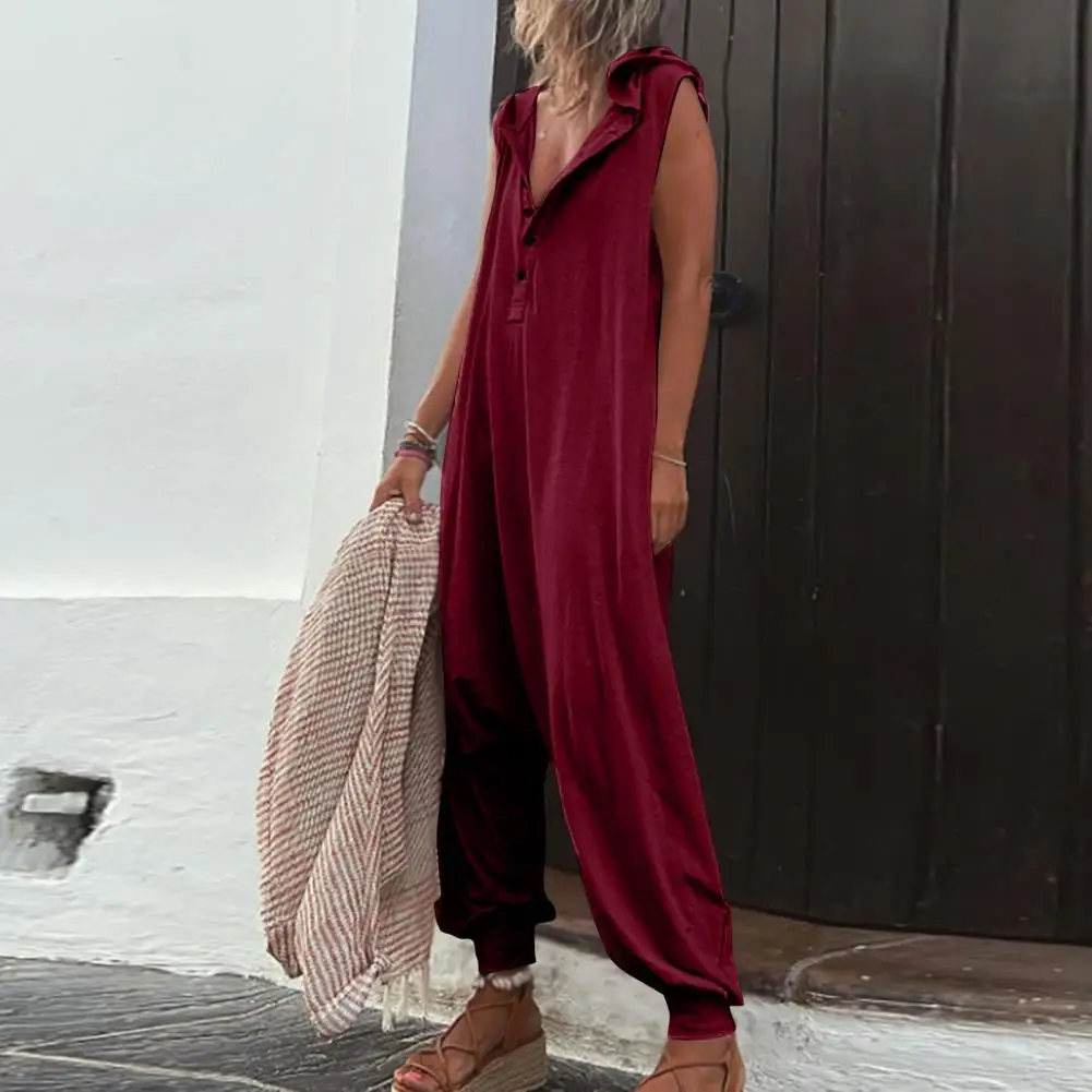 

Женский комбинезон без рукавов, Свободный Повседневный комбинезон на пуговицах с V-образным вырезом и капюшоном, мягкий дышащий Женский Длинный летний комбинезон