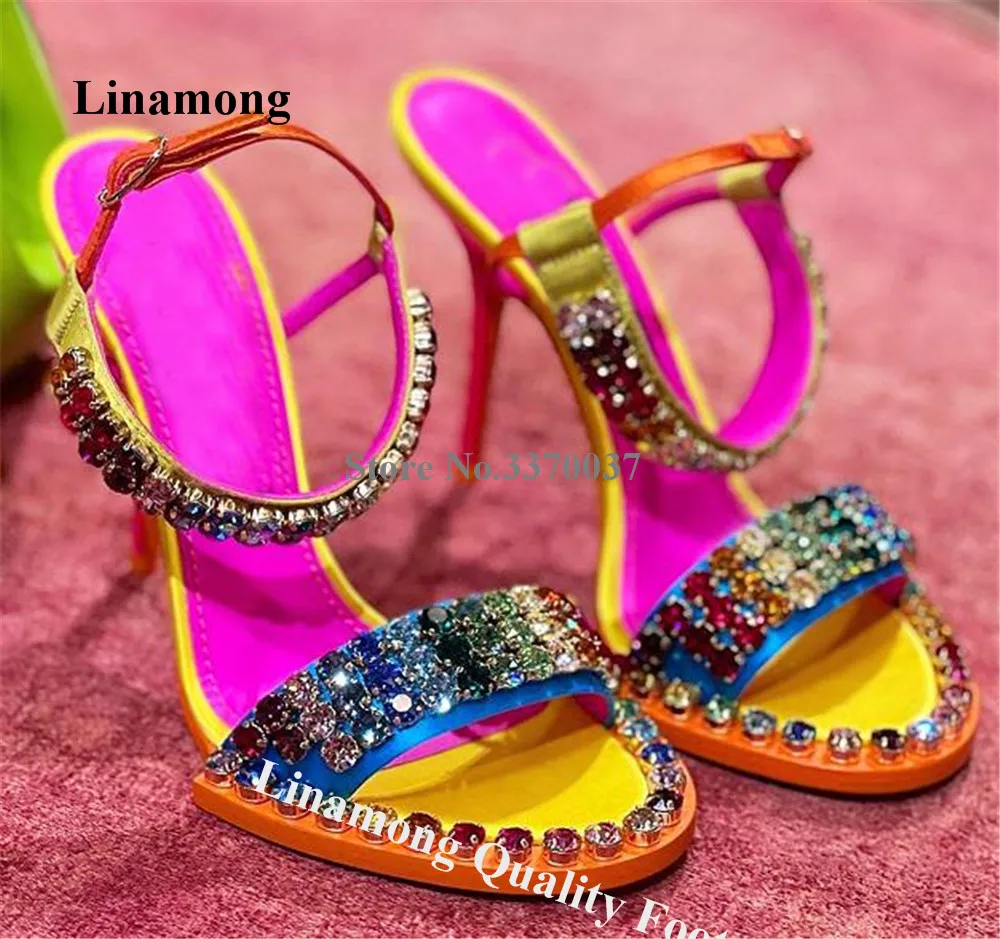 Купи Linamong Colorful Rhinestones Sandals Newest Mixed-colors Crystal Stiletto Heel Ankle Strap Sandals Wedding Diamonds Pumps за 5,491 рублей в магазине AliExpress