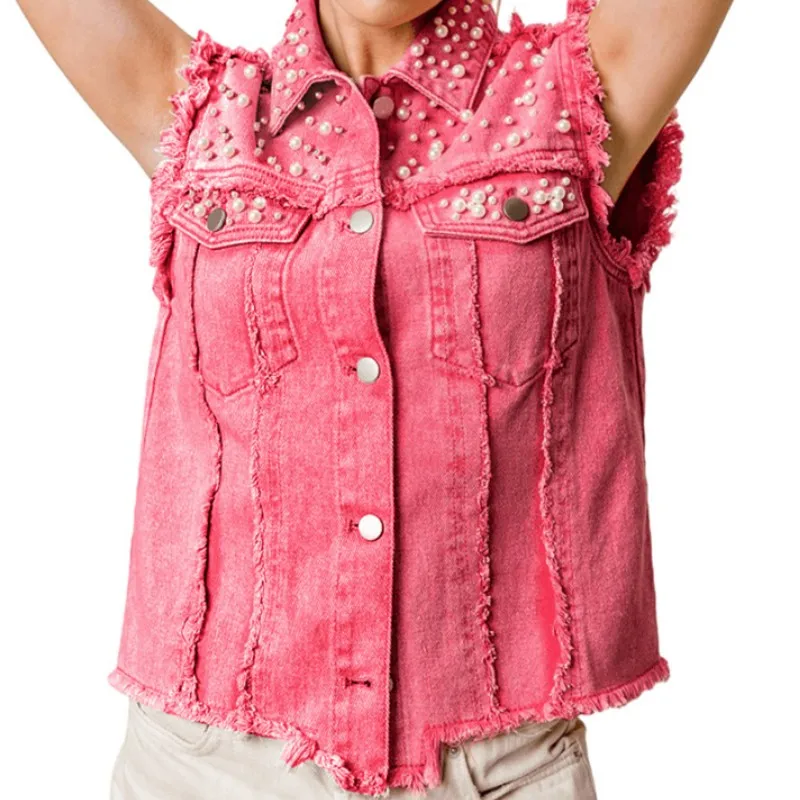 

Женский джинсовый жилет, джинсовый топ в стиле панк с бусинами, жемчужинами, пуговицами и отворотами, верхняя одежда, женская уличная одежда, куртка без рукавов