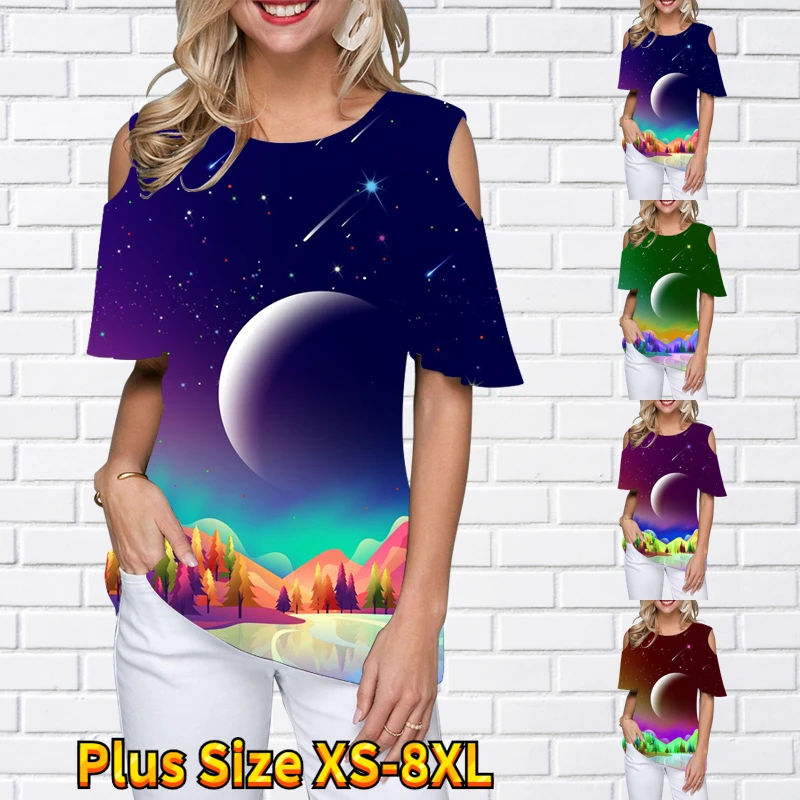 

Женская футболка с открытыми плечами, повседневный пуловер с коротким рукавом и цветочным принтом, свободная футболка с круглым вырезом, лето 2023