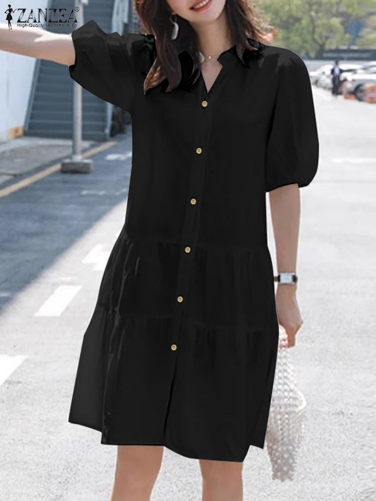 

ZANZEA Summer Fashion Solid Color Sundress Woman Holiday Party Dress Elegant Puff Sleeve Dresses Female V Neck A Line Midi Robe