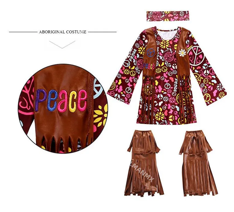Платье в стиле хиппи для девочек винтажное платье косплея с бахромой Хэллоуина 60s