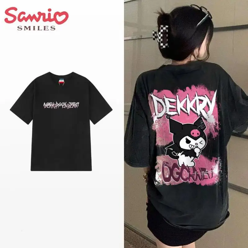 

Kawaii Sanrio Anime Series Kuromi T-Shirt Short Sleeve Korean Cute Summer Oversize Trendy Print Casual Loose Couple Gift