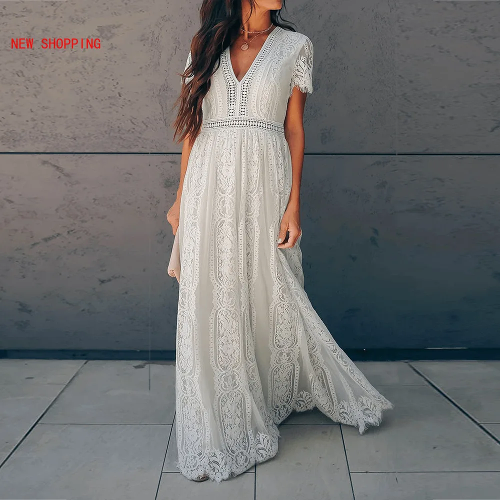 

2021 Summer Vintage Women Maxi Party Dress Robe Short Sleeve V neck Elegant White Lace Long Tunic Beach Dresses Holiday Clothes