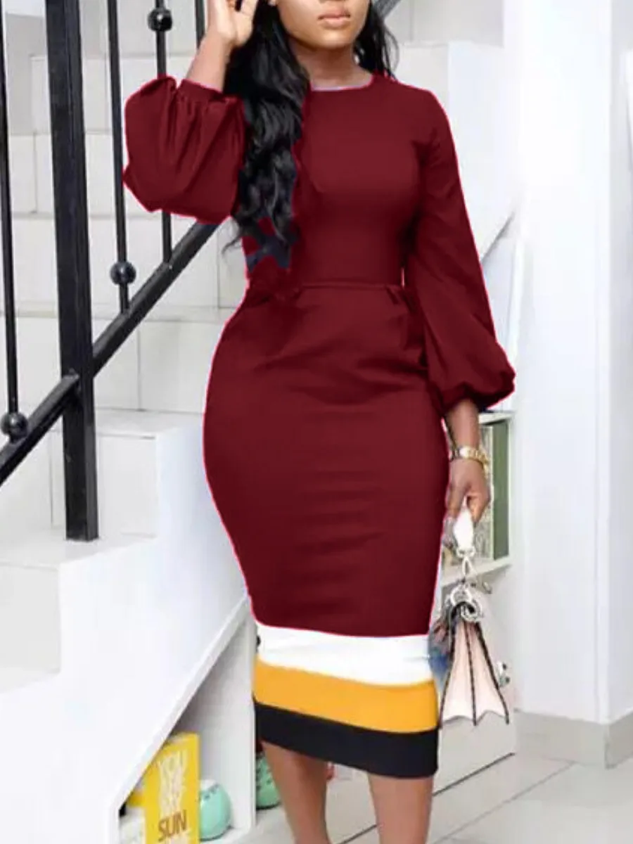 

LW Women Ruffle Design Patchwork Bodycon Dress Lantern Sleeve Mid Calf Casual O Neck Wrapped Skirt Fashion Stitching Outfits