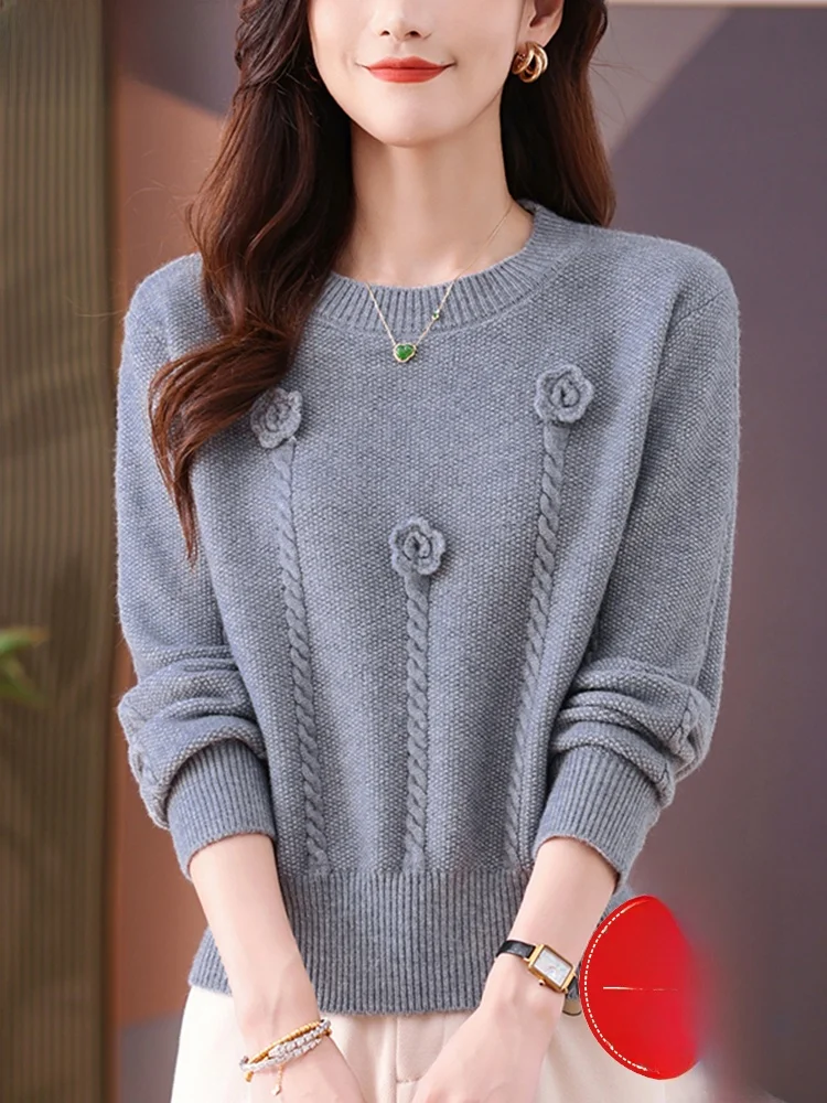 Hengyuanxiang 2024 осенне-зимний новый толстый свитер с круглым вырезом и цветком женский