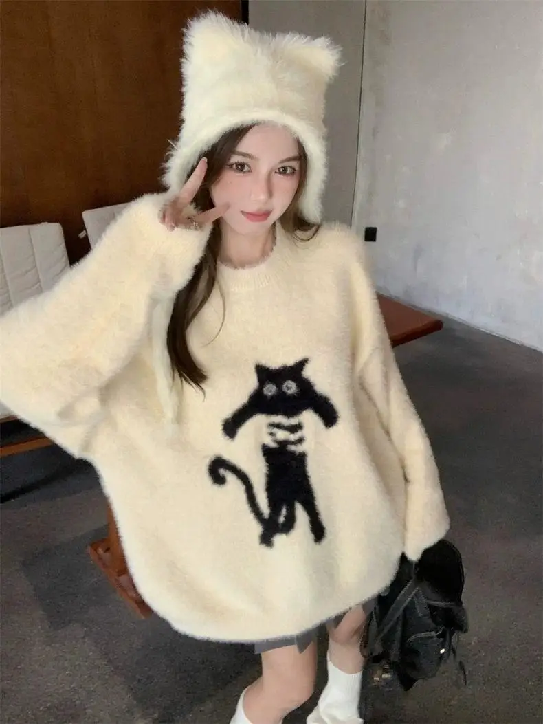 Korejpaa Kawaii Cat жаккардовый вязаный пуловер свитера женская осенне-зимняя одежда