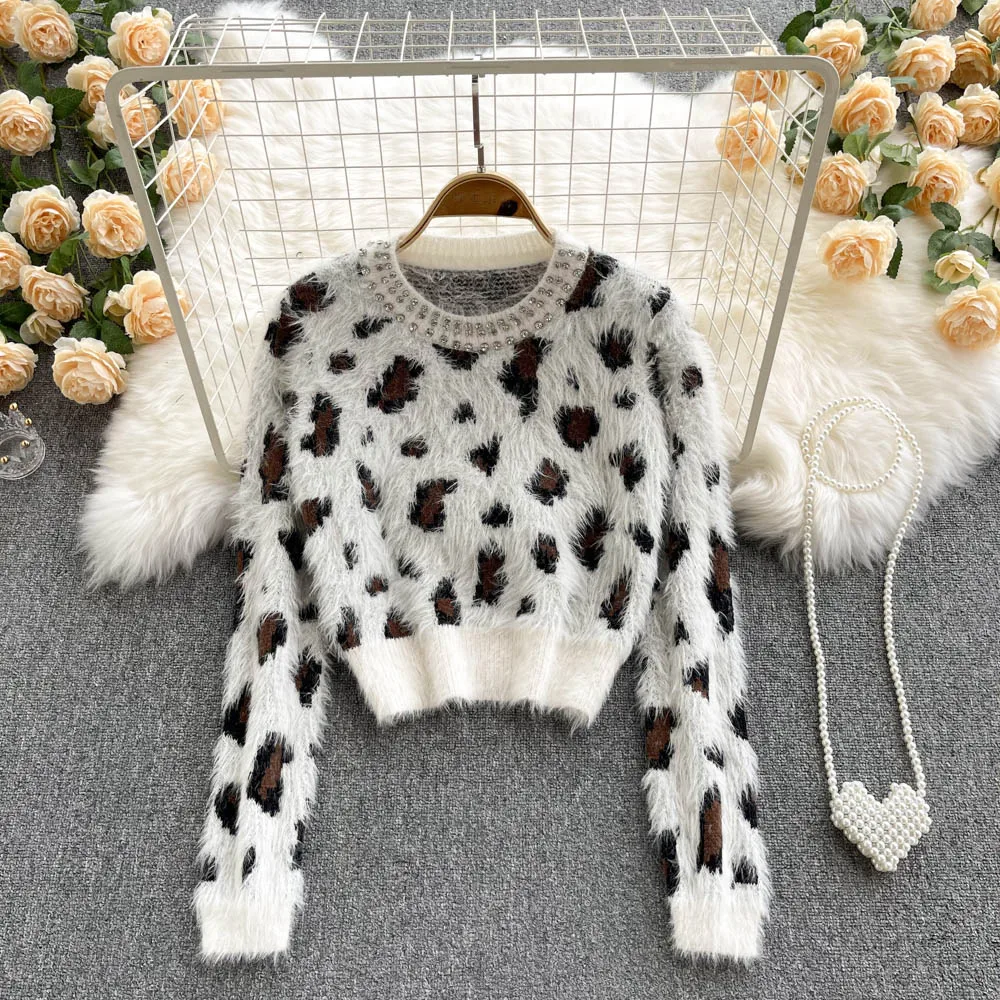 

Long Sleeve Top Korea Fashion Leopard Print Pull Femme Knitted Sweaters Woman Sweater Women Pullover Outwear