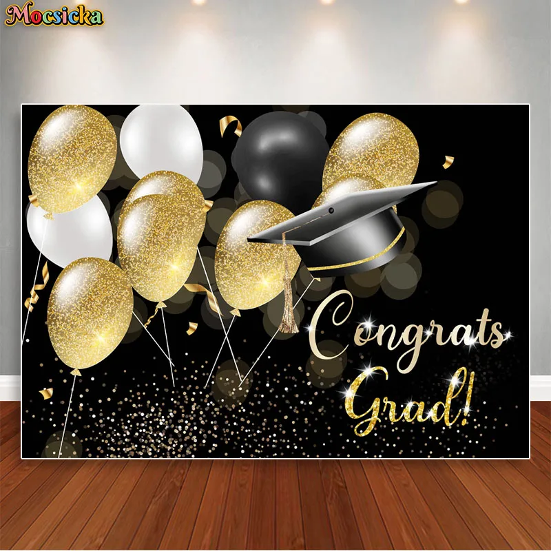 

Graduation Backdrop Black Golden Sparkle Ballon Party Background for Photography College Graduate Photo Props Studio Booth