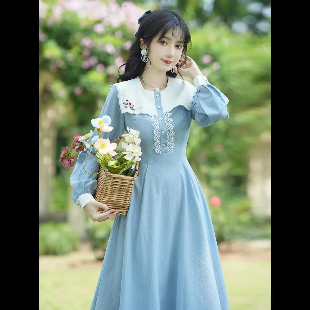 

Women's Dress Lace French Retro Academy Style Blue Long Sleeve Doll Neck Dress Autumn 2022 Elegant Sweet Long Dress