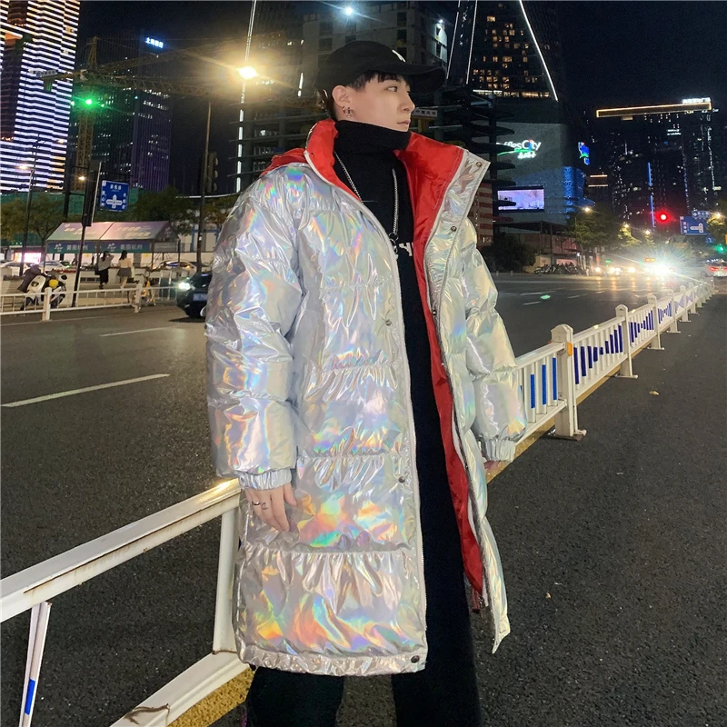 Thick Long Puffer Jacket for Men Winter Fashion Trends Warm Clothing Teens Colorful Reflective Padded Coat Streetwear with Wings