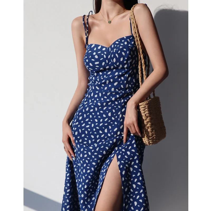 

TVVOVVIN французское винтажное пикантное платье с Боковым Разрезом и высокой талией, синее, белое, с принтом, тонкое, на шнуровке, длинное женско...
