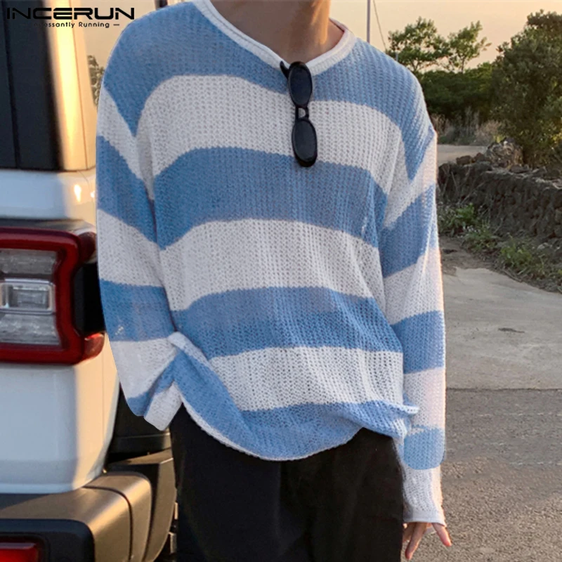 INCERUN 2024 мужские хорошо облегающие топы повседневные свободные футболки в полоску