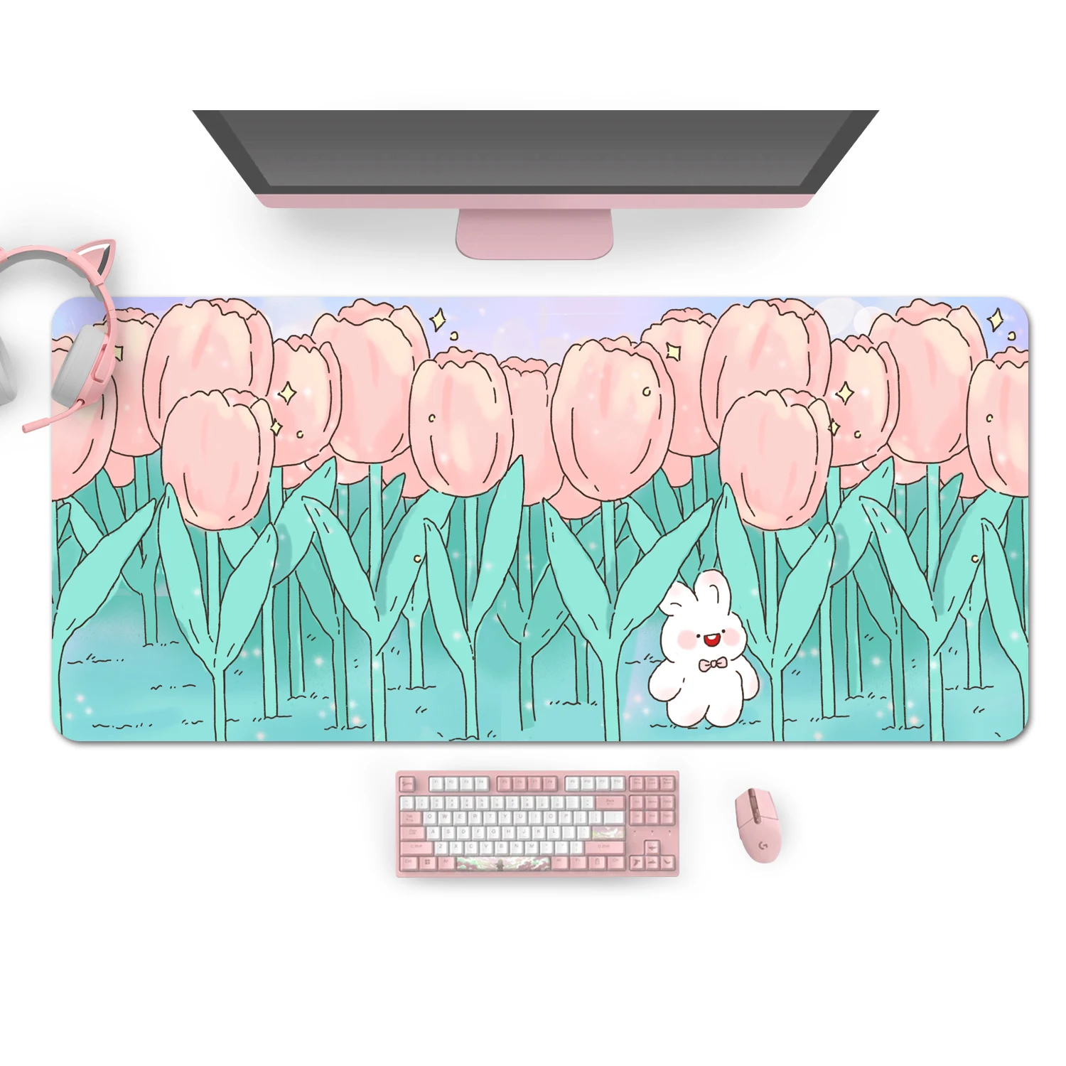 Tappetino per Mouse da gioco rosa Kawaii Extra Large simpatici tulipani Flower Bunny XXL tappetino da scrivania impermeabile antiscivolo accessori da scrivania per Laptop