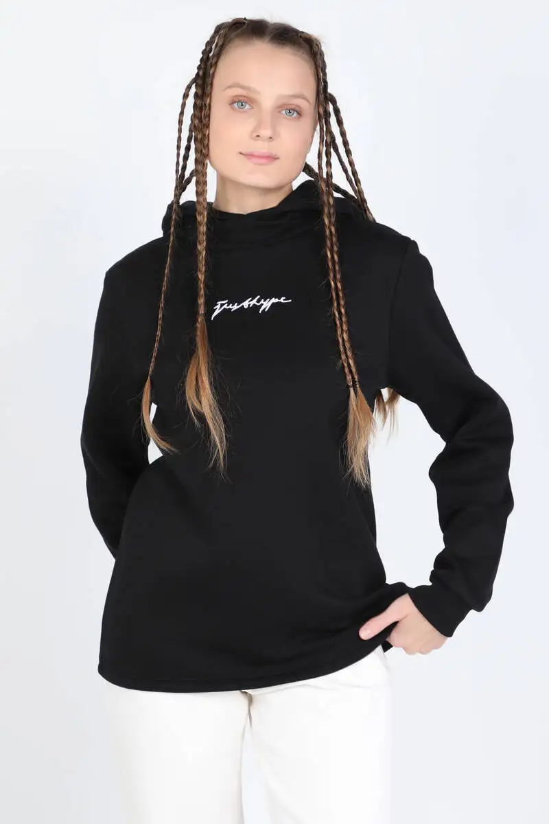 

Women's Basic Printed Hooded Sweatshirt Black